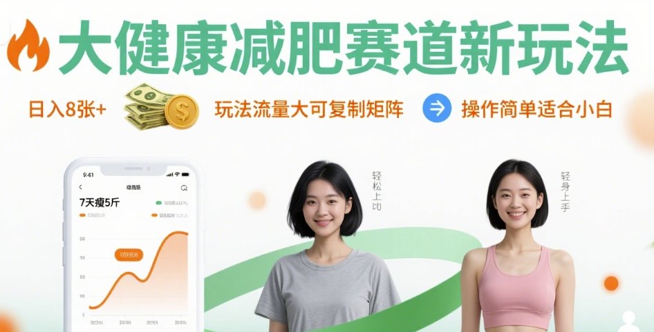 大健康减肥新策略:日赚8张,流量高可复制矩阵,简单易学适合新手-网赚项目资源库