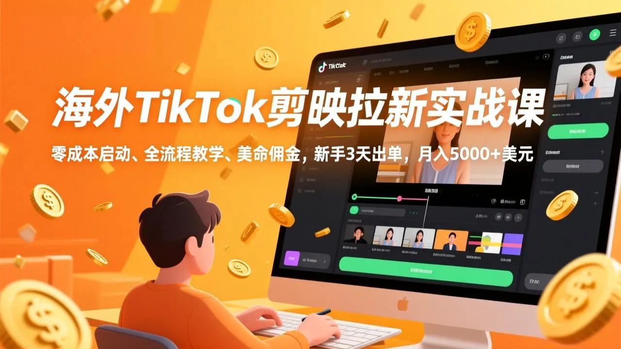 TikTok剪映拉新实战课程：零成本启动，全流程教学，美金佣金，新手3天出单，月入5000+美元-网赚项目资源库