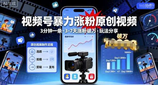 视频号原创内容快速增粉技巧：3分钟一条，3-7天粉丝破万，独家玩法分享-网赚项目资源库
