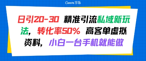 日引20-30精准引流私域新玩法，转化率50%高客单虚拟资料，小白一台手机就能做-网赚项目资源库