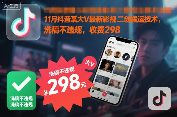 11月抖音大V分享影视二创搬运技巧，洗稿合规且收费298元-网赚项目资源库