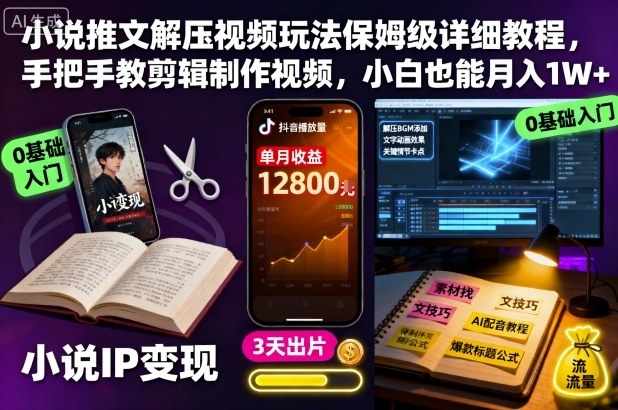 小说推文解压视频制作教程：保姆级剪辑技巧，小白月入1W+-网赚项目资源库