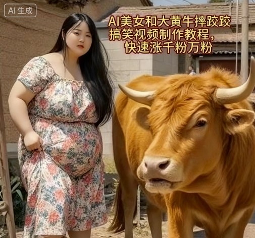 AI美女与大黄牛摔跤搞笑视频教程，快速增粉技巧-网赚项目资源库