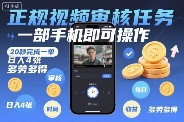 手机操作视频审核,20秒完成一单,日入4张,多劳多得【揭秘】-网赚项目资源库