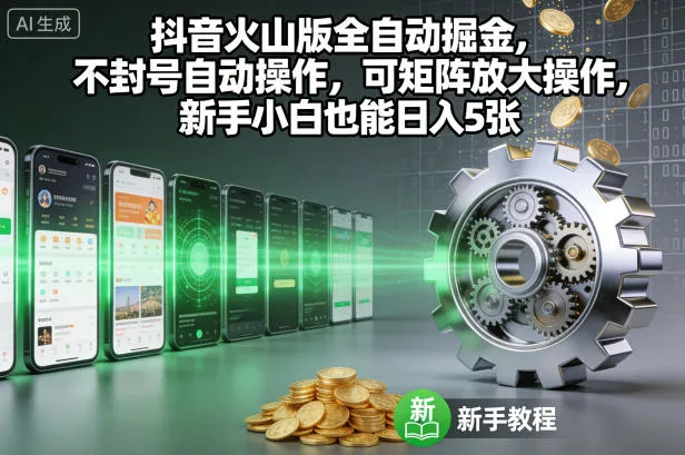 抖音火山版全自动掘金指南：新手小白也能日入5张，不封号自动操作，矩阵放大操作揭秘-网赚项目资源库