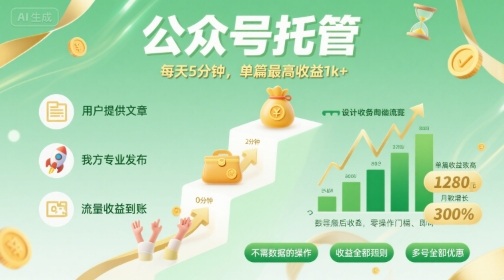 【公众号文章托管】我提供内容，你发布，每天仅需5分钟，单篇最高收益1000+【揭秘】-网赚项目资源库