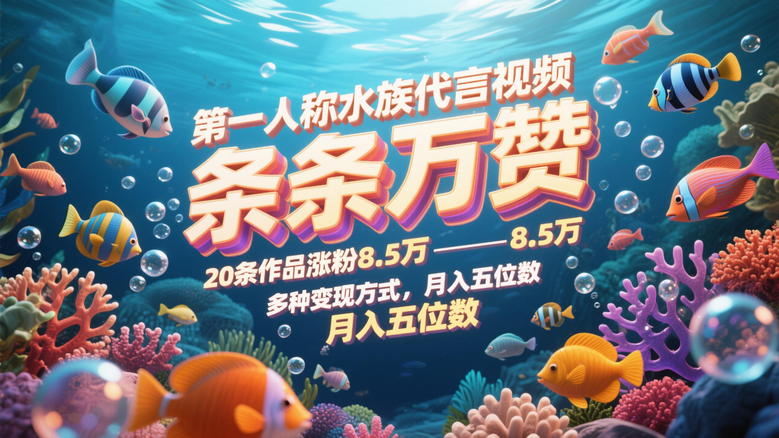 第一人称水族代言视频，条条万赞，20作品涨粉8.5万，多种变现方式月入五位数-网赚项目资源库