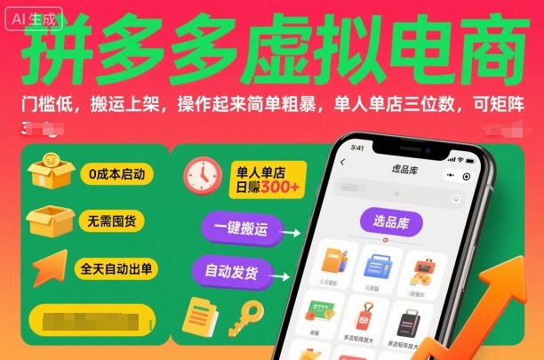 拼多多虚拟电商入门指南：低门槛、快速上架，单店月入三位数，可扩展至多店铺矩阵-网赚项目资源库