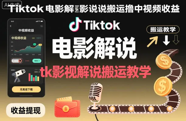 Tiktok电影解说搬运教程：中视频收益技巧-网赚项目资源库