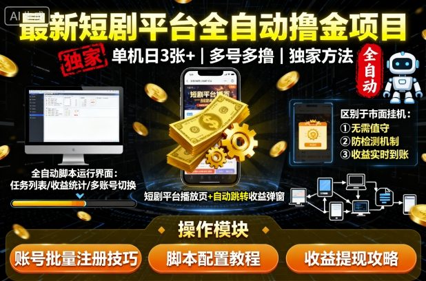 最新短剧平台全自动挂机项目，单机一天3张+，多号多撸，独家方法揭秘-网赚项目资源库