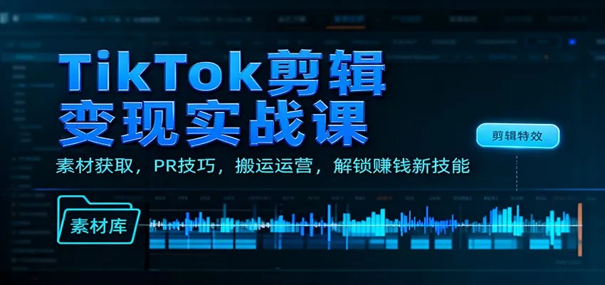 TikTok剪辑变现实战课程：素材获取、PR技巧、搬运运营，解锁赚钱新技能-网赚项目资源库