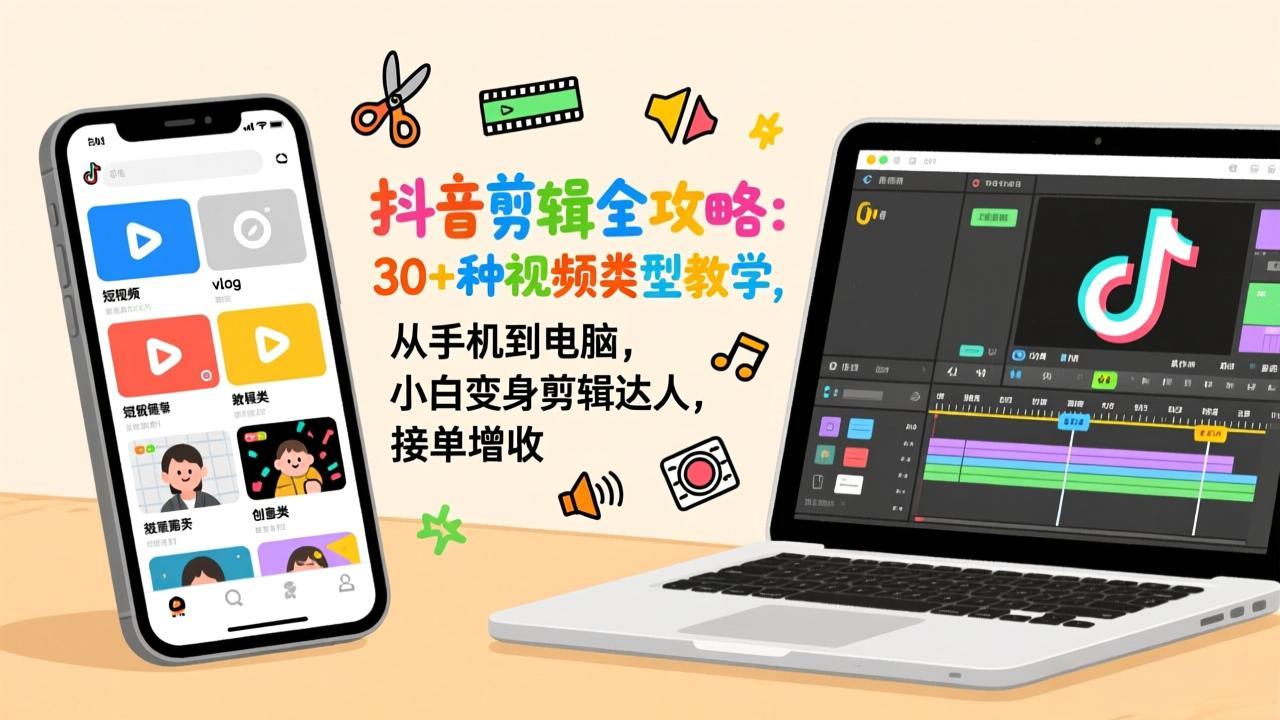 抖音视频剪辑全攻略：30+种视频类型教学，手机电脑均可操作，小白变达人，接单增收-网赚项目资源库